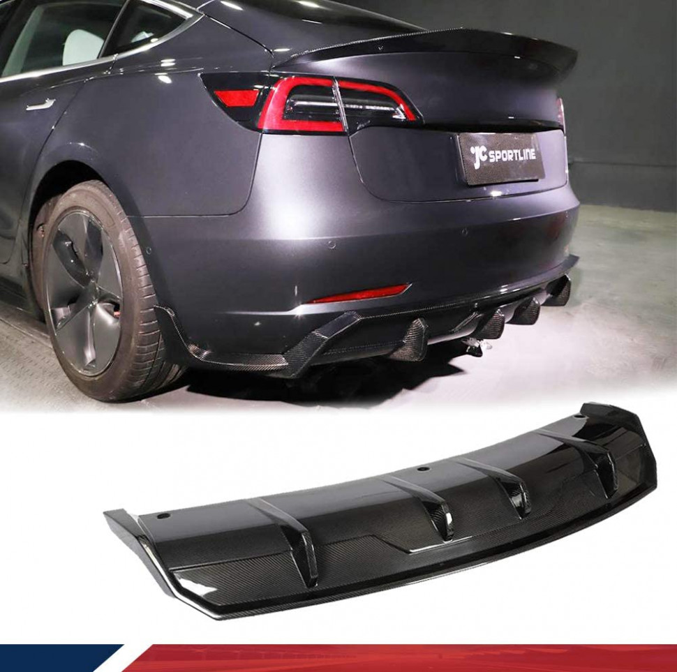 JC SPORTLINE Carbon Fiber Rear Diffuser fits for Tesla Model 4 Sedan  4-4 Bumper Cover Lower Lip Spoiler Valance Protector Body Kits  Factory  - tesla model y rear diffuser